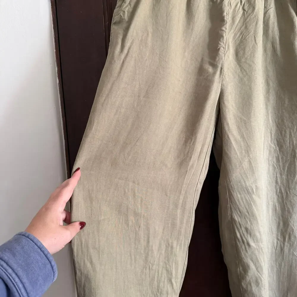 QUINCE | 100% Linen Relaxed Fit Tapered Ankle Pull on pants Tan Khaki | Large